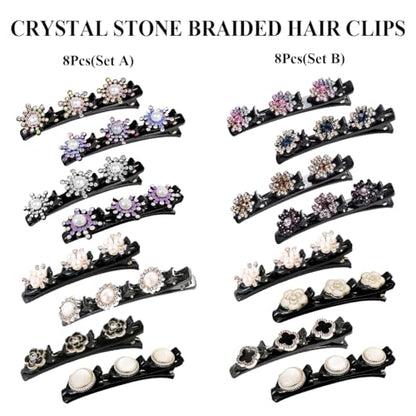 8Pcs Sparkling Crystal Rhinestone Braided Hair Clips Hair Accessories(Set A) - color: 8Pcs(Set A)