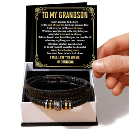 To My GrandSon Bracelet – Love You Forever Braided Leather Bracelet, Meaningful GrandSon Gift from Grandpa & Grandma with Heartfelt Message Card & Elegant Gift Box for Birthday, Christmas - color: Version#1