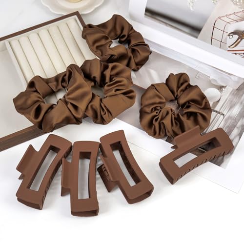 8pcs Hair Claw Clips and Scrunchies Set – Square Hair Clips for Women, Medium Non-Slip Matte, Large Satin Scrunchies, Hair Accessories for Thick Thin Hair, Party, Daily Use – Coffee - color: Mocha Brown Shades