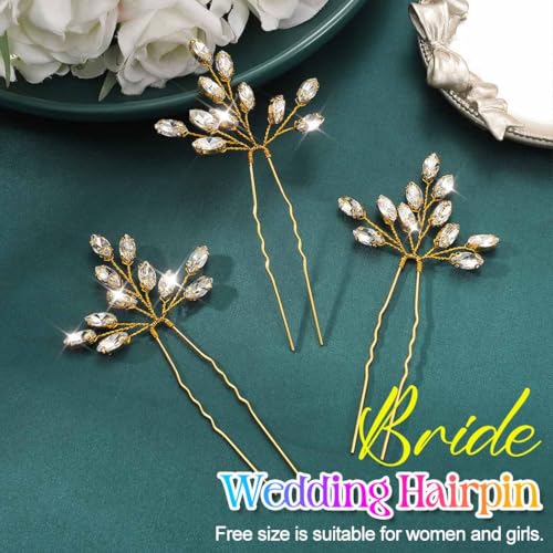 Heread Crystal Bride Wedding Hair Pins Rhinstones Bridal Hair Accessories Head Piece for Women and Girls (Pack of 3) (C Gold) - color: C Gold