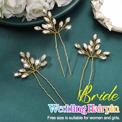 Heread Crystal Bride Wedding Hair Pins Rhinstones Bridal Hair Accessories Head Piece for Women and Girls (Pack of 3) (C Gold) - color: C Gold
