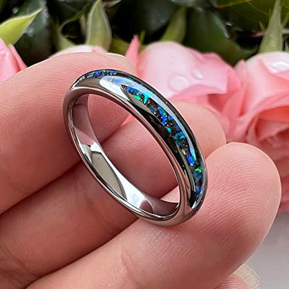 TUTISS 4mm Silver/Black Tungsten Rings for Women Men Engagement Wedding Bands Genuine Blue Green Galaxy Opal Inlay Domed Polished Comfort Fit - color: 4mm Tungsten Galaxy Opal
