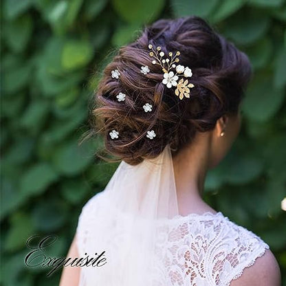 Cinaci 18 Pieces Bridal Wedding Party Prom Pearl Rhinestone White Flower Hair Side Combs Slides+U-shaped Flower Hair Pins+Twist Spiral Hairpins Floral Headpieces for Brides Bridesmaids Women Girls - color: Gold White