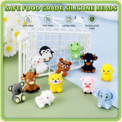 12pcs 3D Animals Silicone Focal Beads for pens | Focal Beads for Keychain Making,Pens,Bracelet,Necklace Crafts,Bulk Silicone Beads for DIY（3D animals style2.0） - color: 3D Animals（style2.0）