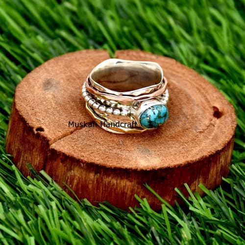 925 Sterling Silver Blue Copper Turquoise Spinner Ring | Handmade, Three Tone, Hammered Band, For Women, Sizes 3-16 US
