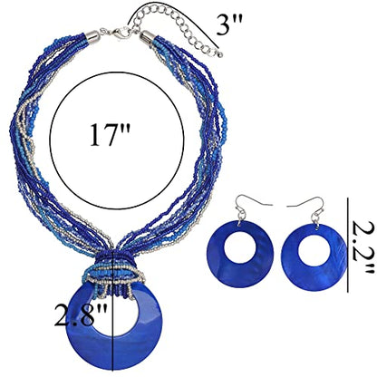 Coiris Multi Strand Statement Colorful Beaded Necklace with Big Circle Shell Pendant for Women - color: Royalblue