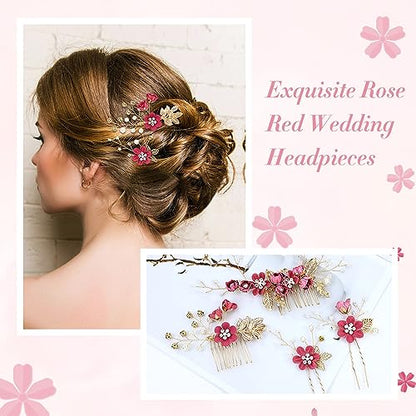 Cinaci 18 Pieces Bridal Wedding Party Prom Pearl Rhinestone Rose Red Flower Hair Side Combs Slides+U-shaped Flower Hair Pins+Twist Spiral Hairpins Floral Headpieces for Brides Bridesmaids Women Girls - color: Rose Red