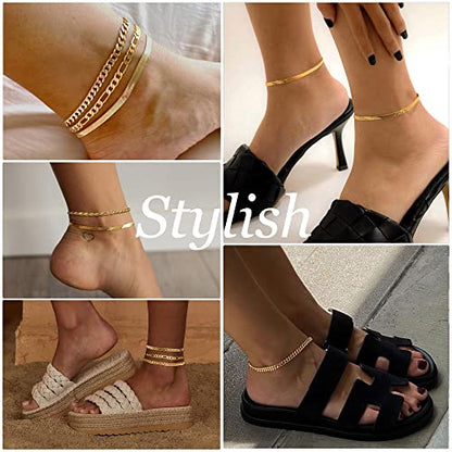 Dainty Ankle Bracelets for Women Waterproof | Layered Gold Plated Tennis Cuban Snake Rope Paperclip Beaded Link Chains Set, Summer Beach Jewelry Gift - color: Gold Anklet F