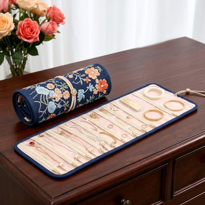 Embroidery Jewelry Roll Organizer Travel Jewelry Storage Roll Case Foldable Small Jewelry Pouch Jewelry Roll up Bag for Journey Rings, Necklaces, Earrings, Bracelets (Navy Blue) - color: Navy Blue