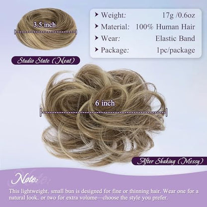 RUWISS 100% Human Hair Bun Small Messy Bun Hair Piece, One Hairpiece Two Styles Mini Natural Looking Scrunchies Updo for Daily, Hair Buns for Women Ponytail Extension (Brown Mixed Light Blond) - color: 4/613# Brown Mixed Light Blond