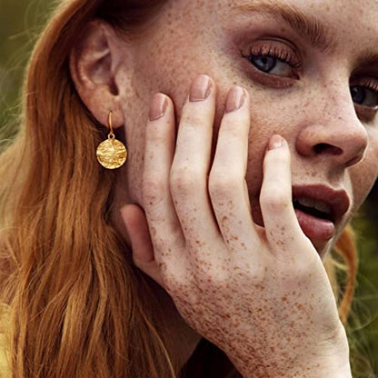 Gold Earrings 14k Gold Plated Hoop Earrings Dainty Pearl hoop Disc Coin Bead Starfish Teardrop Circle Dangle Drop Earrings for Women Hypoallergenic Jewelry Gifts - color: Hammered Disc-Gold