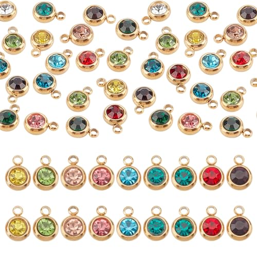 UNICRAFTALE 18K Gold Plated Flat Round Real Birthstone Charms Rhinestone Pendants Crystal Glass Charms Metal Dangle Pendants for DIY Bracelets Necklaces Jewelry Making - color: Mixed Color