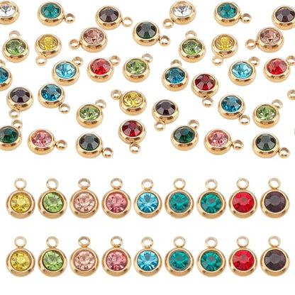 UNICRAFTALE 18K Gold Plated Flat Round Real Birthstone Charms Rhinestone Pendants Crystal Glass Charms Metal Dangle Pendants for DIY Bracelets Necklaces Jewelry Making - color: Mixed Color