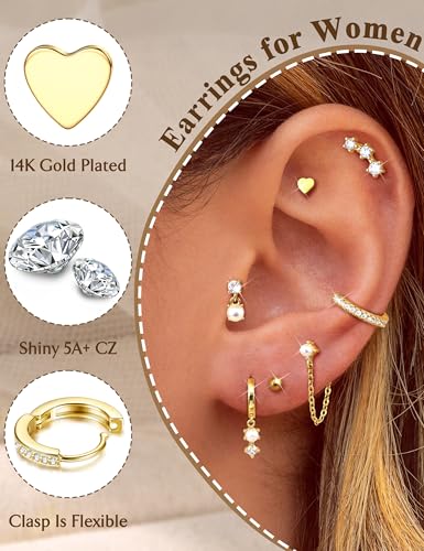 THUNARAZ 14K Gold Plated Hoop Stud Earrings for Women Hypoallergenic | Earrings Stack Non Tarnish, Stainless Steel Earrings, Cartilage Earrings for Women, Multiple Piercing Drop Dangle Earrings