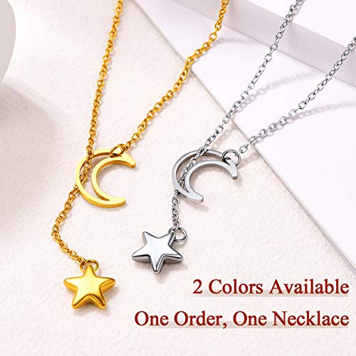 FOCALOOK Heart Lariat Necklaces for Women, Long Slip Chain Necklace | Hypoallergenic 316L Stainless Steel Silver/Black/Gold Plated, Front Slider Closure, Non Tarnish, Layered look, Everyday Wear - color: 18:Silver Star Moon
