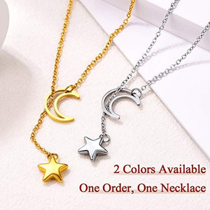 FOCALOOK Heart Lariat Necklaces for Women, Long Slip Chain Necklace | Hypoallergenic 316L Stainless Steel Silver/Black/Gold Plated, Front Slider Closure, Non Tarnish, Layered look, Everyday Wear - color: 18:Silver Star Moon