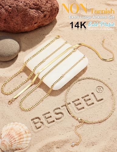 Besteel Ankle Bracelets for Women Waterproof 14K Gold Plated Anklets Set | Non Tarnish Stainless Steel, Plus Size Adjustable 8-12 Inch, Hypoallergenic Layered Cuban Link Chain Summer Foot Jewelry Gift - style: 4 Pcs Gold Cuban-10+2 Inch