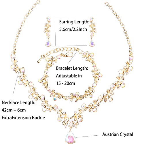 3Pcs Austrian Crystal Jewelry Set for Women, Necklace Dangle Earrings Link Bracelet Jewelry Set with Gold/Platinum/Gun Plated, Wedding Party Jewelry for Bridal Bridesmaid - color: AB Crystal-Gold Plated