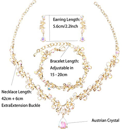 3Pcs Austrian Crystal Jewelry Set for Women, Necklace Dangle Earrings Link Bracelet Jewelry Set with Gold/Platinum/Gun Plated, Wedding Party Jewelry for Bridal Bridesmaid - color: AB Crystal-Gold Plated