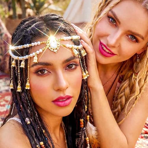 Yokawe Pearl Head Chain with Crystal Pendant, Gold Boho Hair Accessories, Rhinestone Bridal Headpiece, Festival Jewelry for Women
