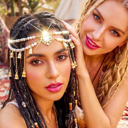 Yokawe Pearl Head Chain with Crystal Pendant, Gold Boho Hair Accessories, Rhinestone Bridal Headpiece, Festival Jewelry for Women