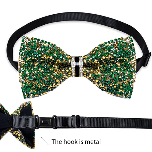DiBanGu Mens Rhinestone Bow Tie with Ring and Lapel Pin Set | Adjustable Strap,Pre-tied Style,3PCS,Sequin Diamond Bowties，Solid/Mix Color,Shiny Accessory,for Party Prom Banquet Wedding - color: Green and Yellow