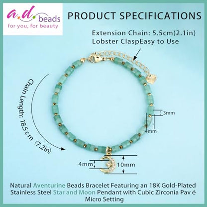 Natural Gemstone Healing Crystal Dainty Charms Bracelet Adjustable Chain Extender Minimalist Jewelry - color: Aventurine + Star and Moon