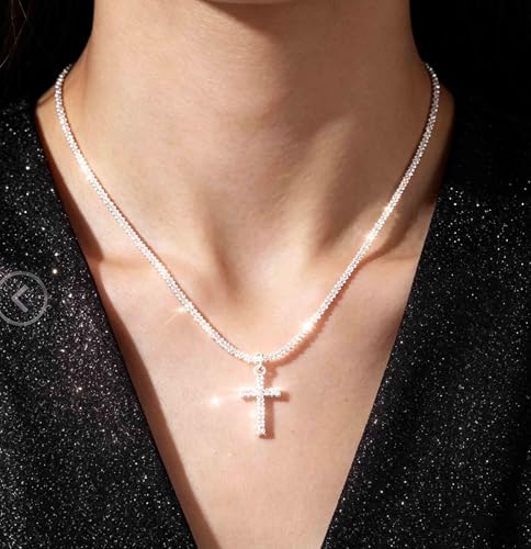 Layered Plated Silver Cross Necklace Sparkle Chain Dainty Jewelry for Women - color: D-Style