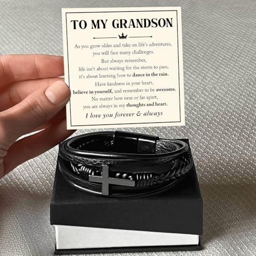 To My GrandSon Bracelet – Cross Braided Leather Bracelet, Meaningful GrandSon Gift from Grandpa & Grandma with Heartfelt Message Card & Elegant Gift Box for Birthday, Christmas, Graduation - color: Version#6