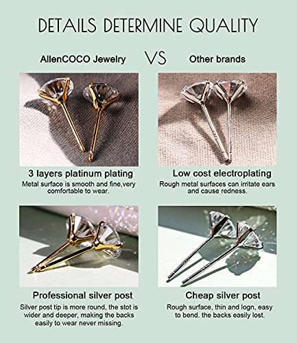 925 Sterling Silver Earrings, Cubic Zirconia Stud Earrings, Diamond Stud Earrings for Women - color: 14K Gold - 4mm, 5mm, 6mm