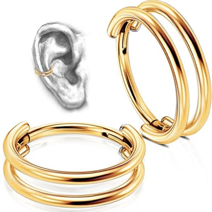 2 PCS Cartilage Earring Double Triple Hoop Nose Ring Titanium Conch Piercing Jewelry - color: Gold, size: 16g 10mm