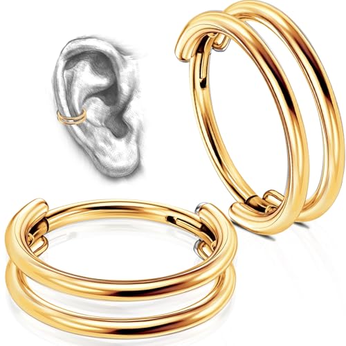 2 PCS Cartilage Earring Double Triple Hoop Nose Ring Titanium Conch Piercing Jewelry - color: Gold, size: 18g 8mm