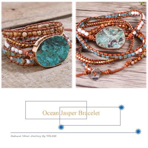 YGLINE Boho Handmade Wrap Leather Tube Crystal Stone Bracelet for Women - color: Jasper-5w