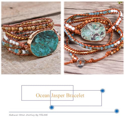 YGLINE Boho Handmade Wrap Leather Tube Crystal Stone Bracelet for Women - color: Jasper-5w