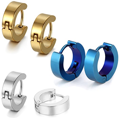Aroncent Stainless Steel Hoop Earrings: 3-8 Pairs Men Small Hoop Huggie Hinged Earrings Set for Men Women 4mm Valentine Day Gifts - color: B-3PCS-Blue+Silver+Gold