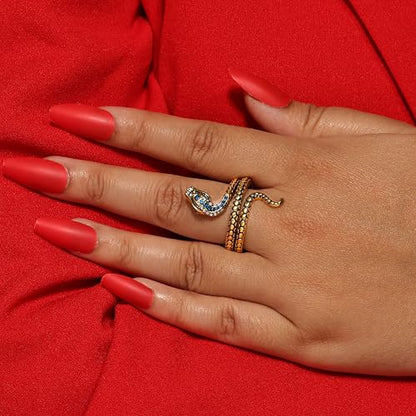 Stainless Steel Snake Ring for Men & Women Adjustable Serpent Wrap Ring with Green Blue Crystal Eye, Vintage Gothic Biker Jewelry, Non-Tarnish Open Band Statement Fashion Accessory Gift - style: Gold Snake