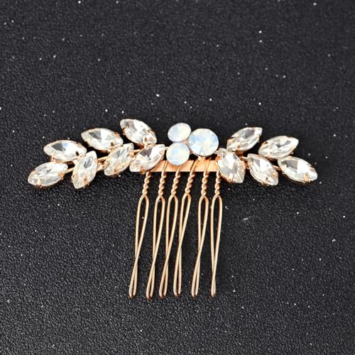 Foyte Bride Wedding Hair Comb Crystal Small Hair Piece Rhinestone Bridal Hair Side Comb Opal Gold Hair Accessories for Women and Brides