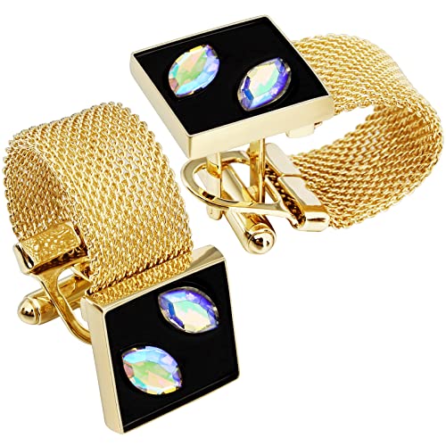 HAWSON Mens Cufflinks with Chain - Stone and Shiny Gold Tone Shirt Accessories - Party Gifts for Young Men - color: 24K Gold Color+White Symphony Crystal