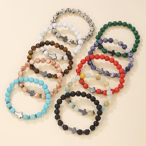 Beaded Bracelets Cross Bracelet for Women Men Lava Rock Turquoise Tiger Eye Natural Bracelet Anxiety Healing - color: 10 Pcs- black Hematite cross