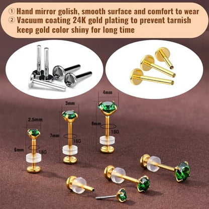 20G Flat Back Earrings Studs 18G Nose Rings 24K Gold Plating 3 Pairs Titanium Threadless 16G Cartilage Earrings for Women Men Tragus Conch Helix Medusa Lip Piercing Jewelry - color: gold emerald cz, size: 18G