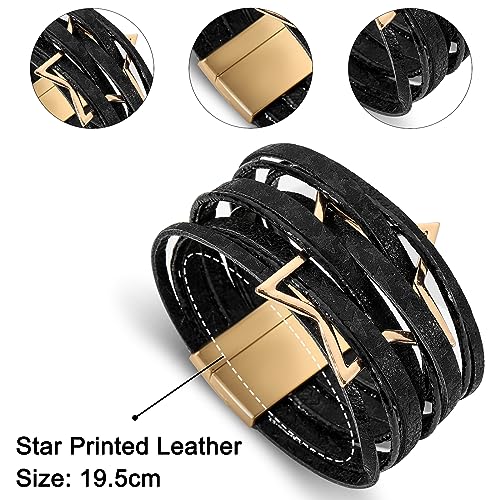 Fesciory Leather Wrap Bracelet for Women, Boho Western Layered Cuff Jewelry | Stackable Bracelets, Easy-On Clasp, Daily Wear, Pairs with Boho Western Outfits, Gift for Women - color: Black