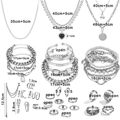 IFKM 36 PCS Silver Plated Jewelry Set with 3 PCS Necklace, 12 PCS Bracelet, 7 PCS Ear Cuffs Earring, 14 Pcs Knuckle Rings for Women Valentine Anniversary Birthday Friendship Gift - color: 36 Pcs Silver
