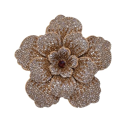 Rhinestone Flower Brooch Pin for Women Men Elegant Sparkly Crystal Camellia Floral Lapel Pins Shawl Dress Suit Clothes Accessories Wedding Party Fashion Jewelry 105mm - color: Champagne Brown