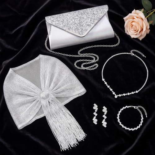 Tiamon 5 Pcs Rhinestone Jewelry Sets Shawls and Wraps Formal Clutch Purses for Women Evening Dresses Weddings Engagement - style: Delicate