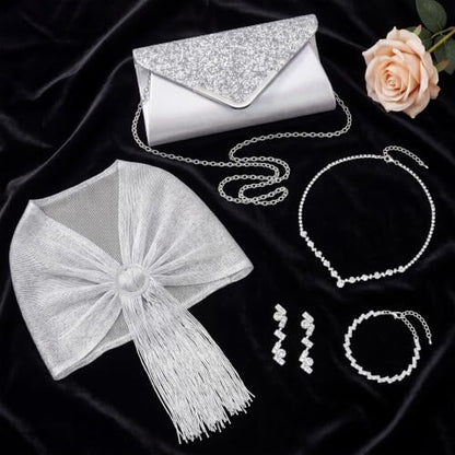 Tiamon 5 Pcs Rhinestone Jewelry Sets Shawls and Wraps Formal Clutch Purses for Women Evening Dresses Weddings Engagement - style: Delicate