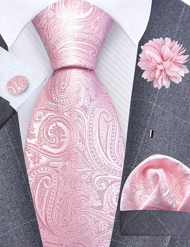 GUSLESON 3.15"（8cm） Mens Tie and Lapel Pin Paisley Necktie Hankerchief Cufflinks Set for Men - color: Light Pink