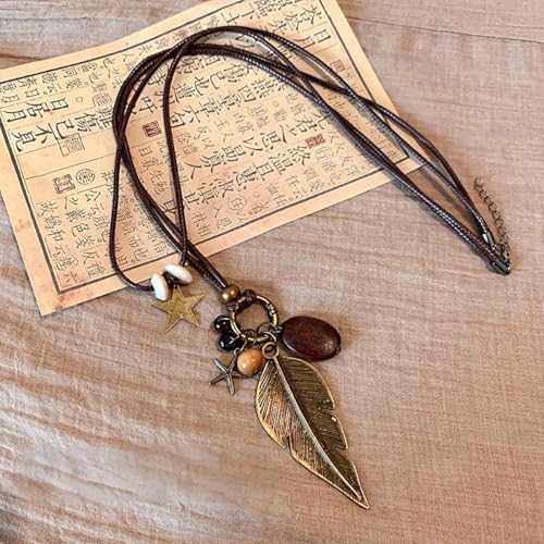 Boho Necklace for Women Long Layered Wooden Leather Leaf Pendant Statement Necklace Vintage Boho Jewelry - style: Leaf