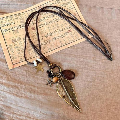 Boho Necklace for Women Long Layered Wooden Leather Leaf Pendant Statement Necklace Vintage Boho Jewelry - style: Leaf