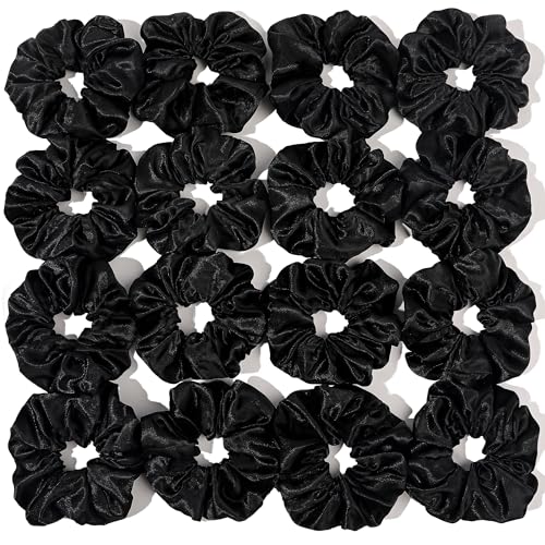 16 Pcs Scrunchies for Women - Black Satin Silk Scrunchies for Girls Hair Ties Elastics Bands Ponytail Holder Hair Accessories - color: BLACK SCRUNCHIES