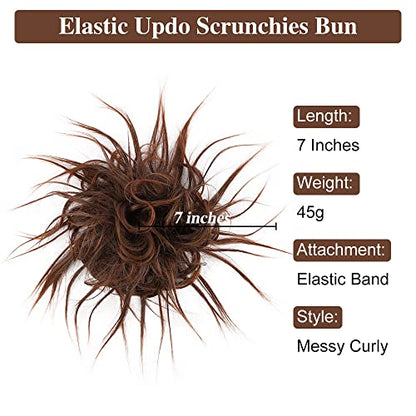 HMD Tousled Updo Messy Bun Hairpiece Hair Extension Ponytail for Women | Synthetic Hair Bun Extension with Elastic Rubber Band, Tousled Updo Messy Bun Hairpiece for Ponytail Styles Daily Party - color: Dark Brown mix Light Auburn